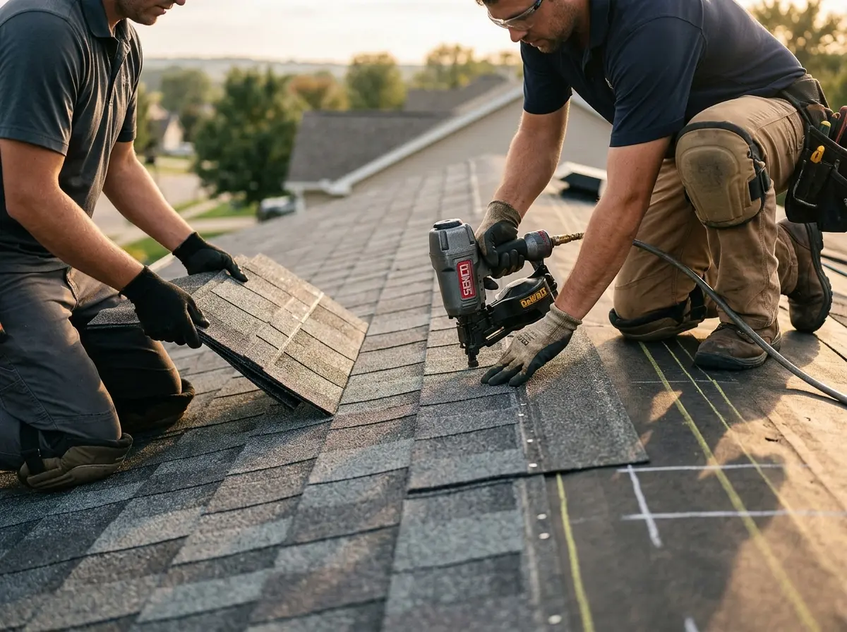 Professional roofer working on a residential roof in Canton